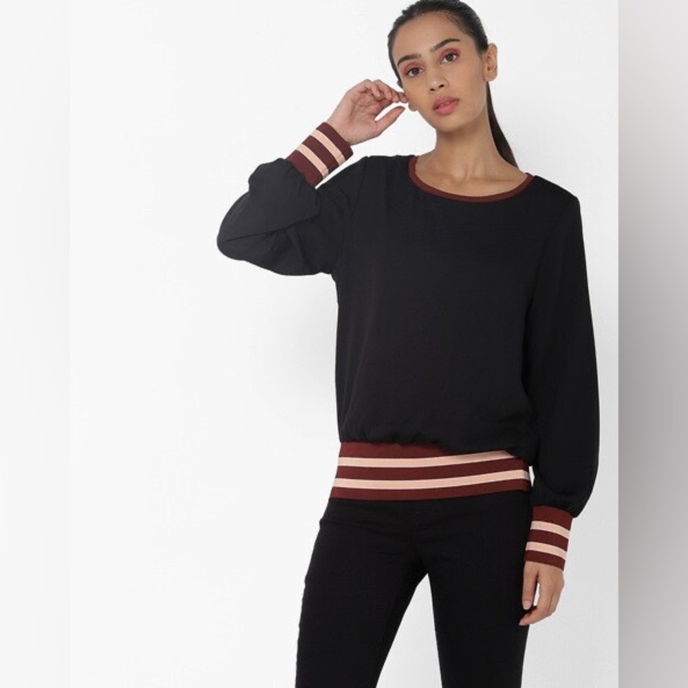 Scotch & Soda Black Blouse With Banded Striped Hem and Cuffs Size Small